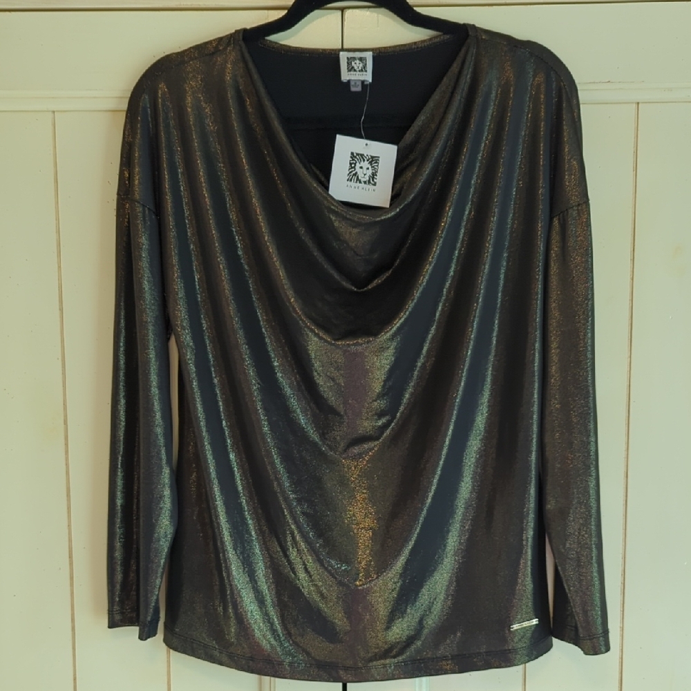 NWT Anne Klein Black and Gold Metallic Cowl Neck Shimmer Top Size Medium